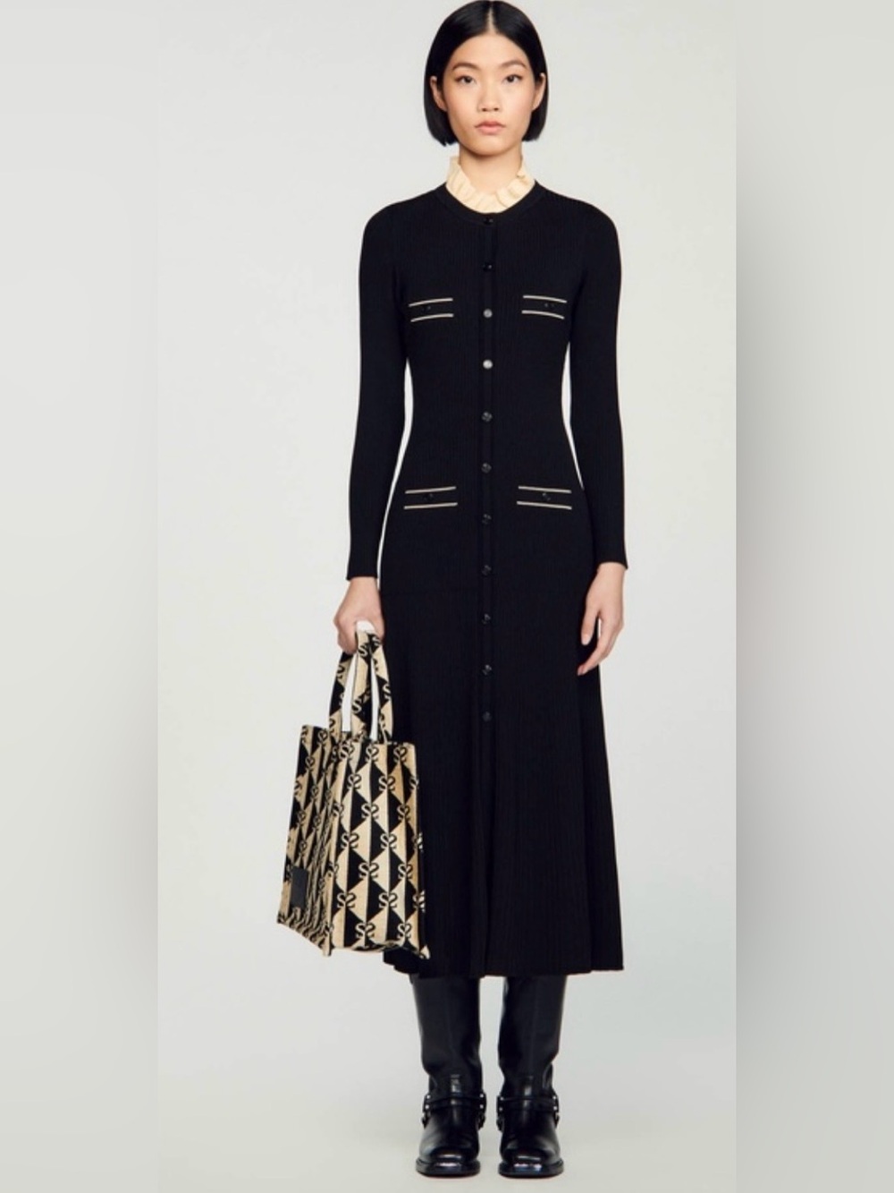 Sandro Odaya Black Long Ribbed Button-Front Dress